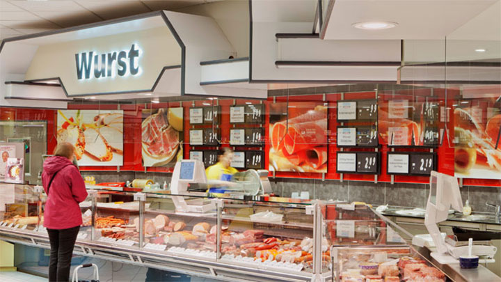 The meat section at Edeka Glückstadt illuminated by enhanced Philips Lighting solutions to improve freshness and appeal of meat